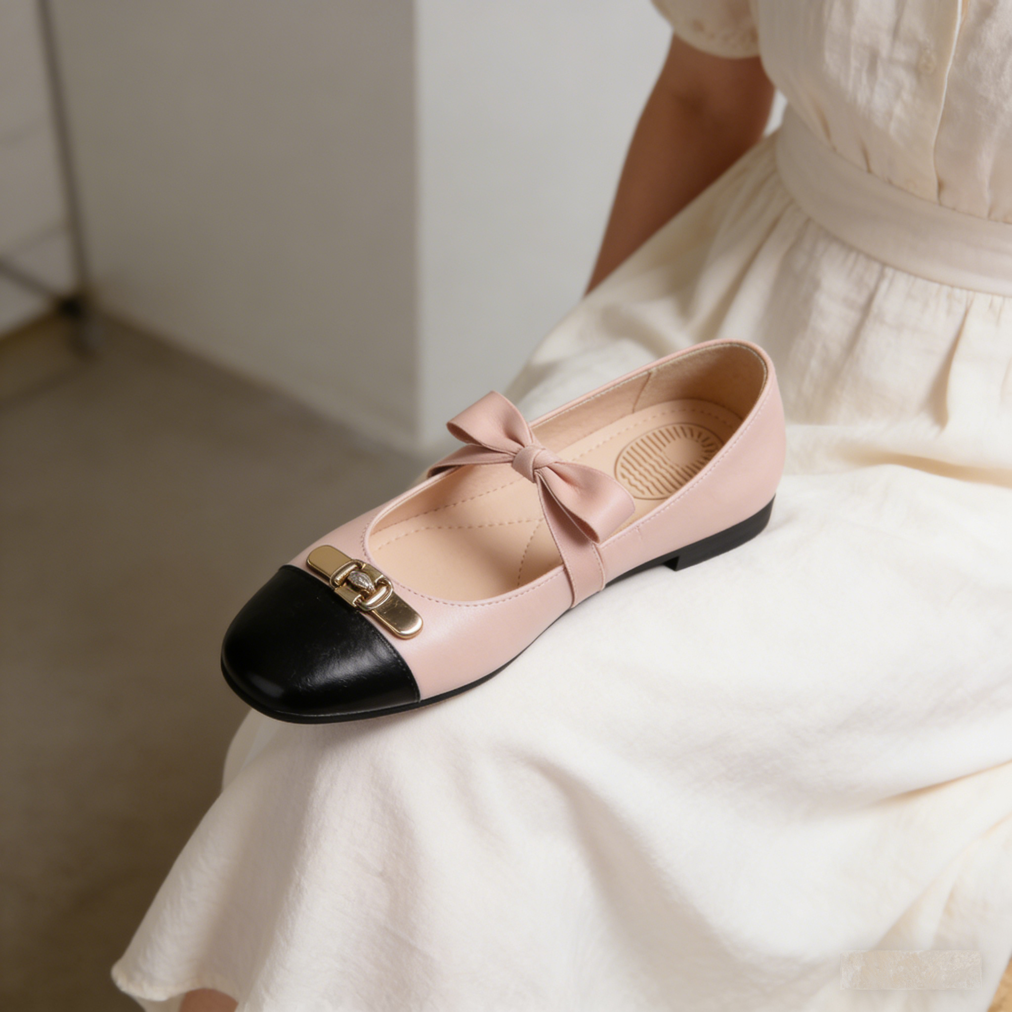 Coquette Bow Cap-Toe: The Blush Leather Two-Tone Mary Jane Flats