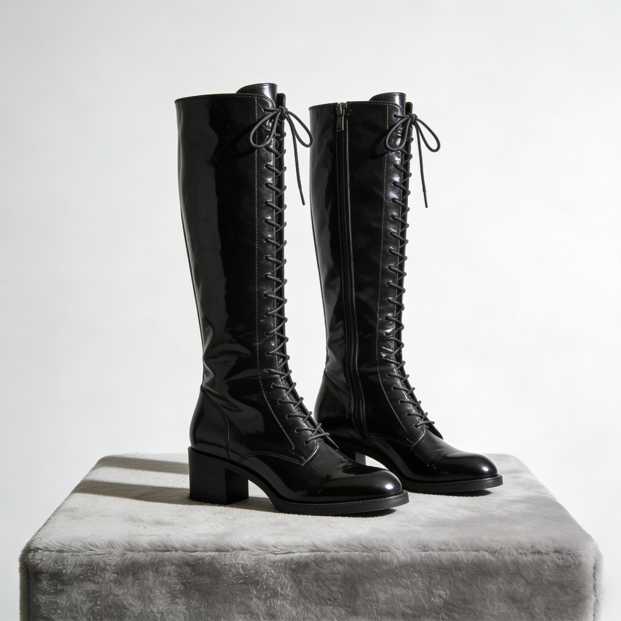 NoirLace Knee-High: The Patent Leather Lace-Up Block Heel Boots