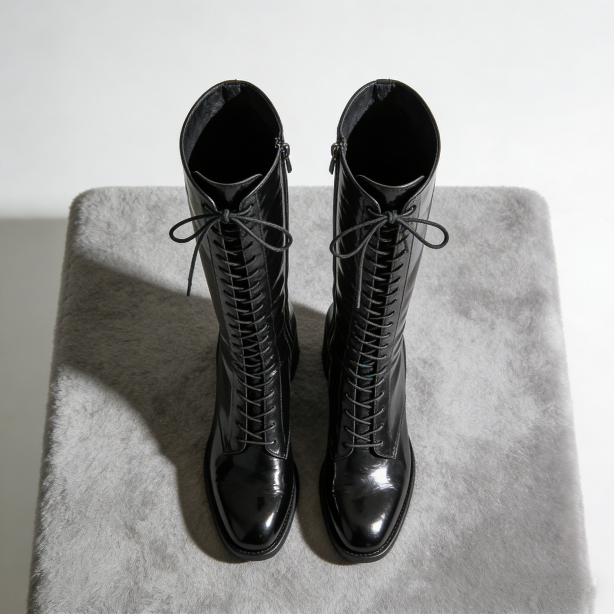 NoirLace Knee-High: The Patent Leather Lace-Up Block Heel Boots