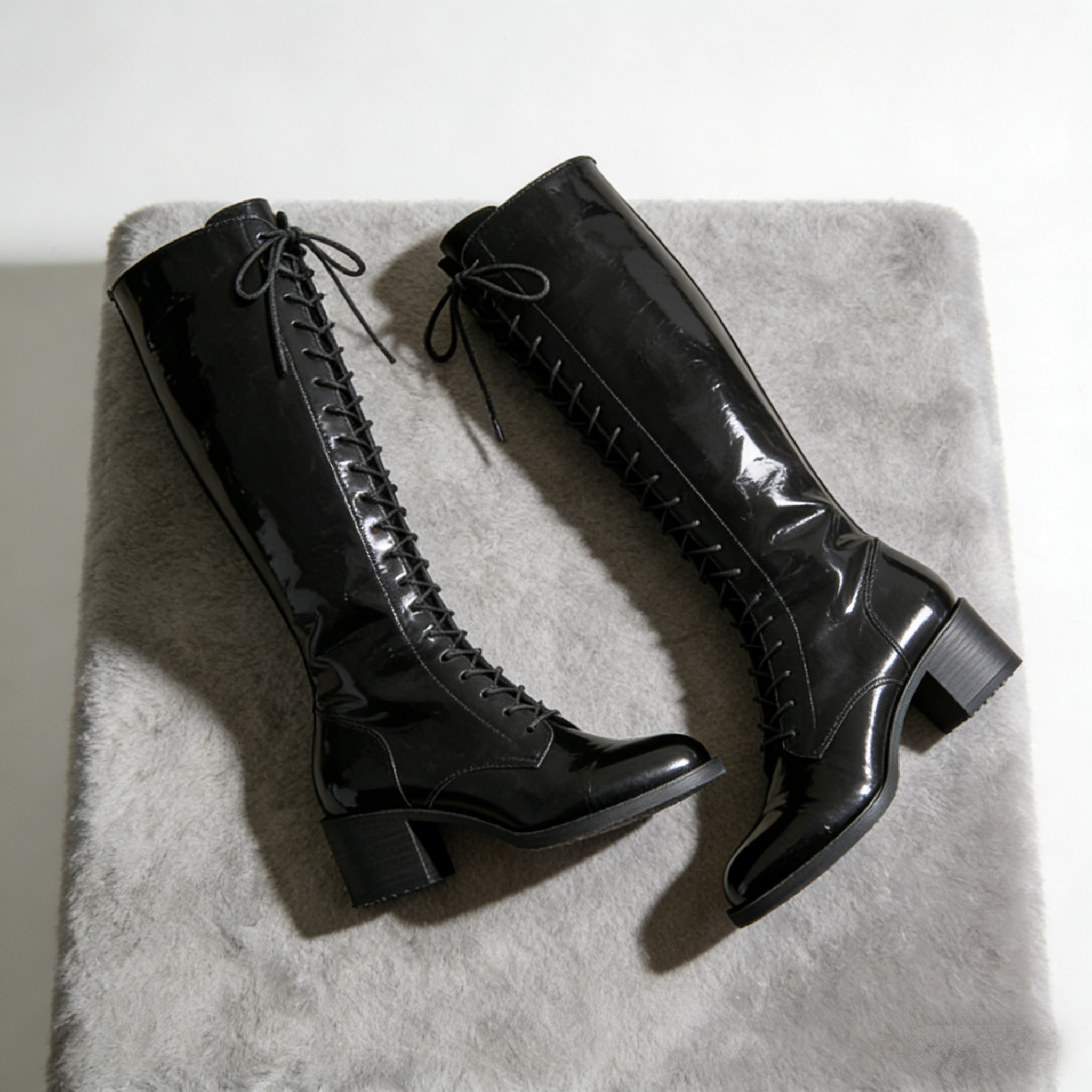 NoirLace Knee-High: The Patent Leather Lace-Up Block Heel Boots