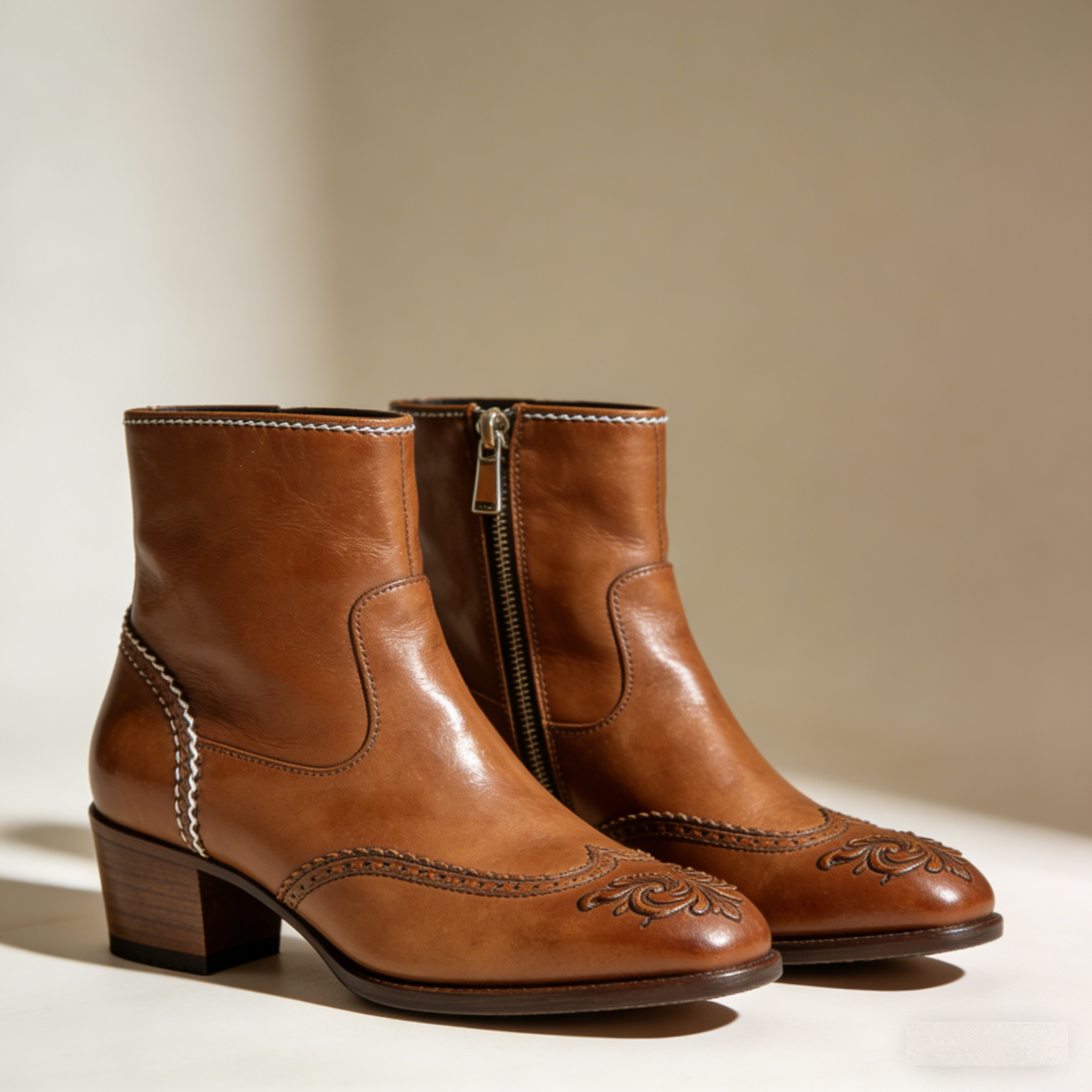 Heritage Emboss: The Cognac Leather Ankle Booties