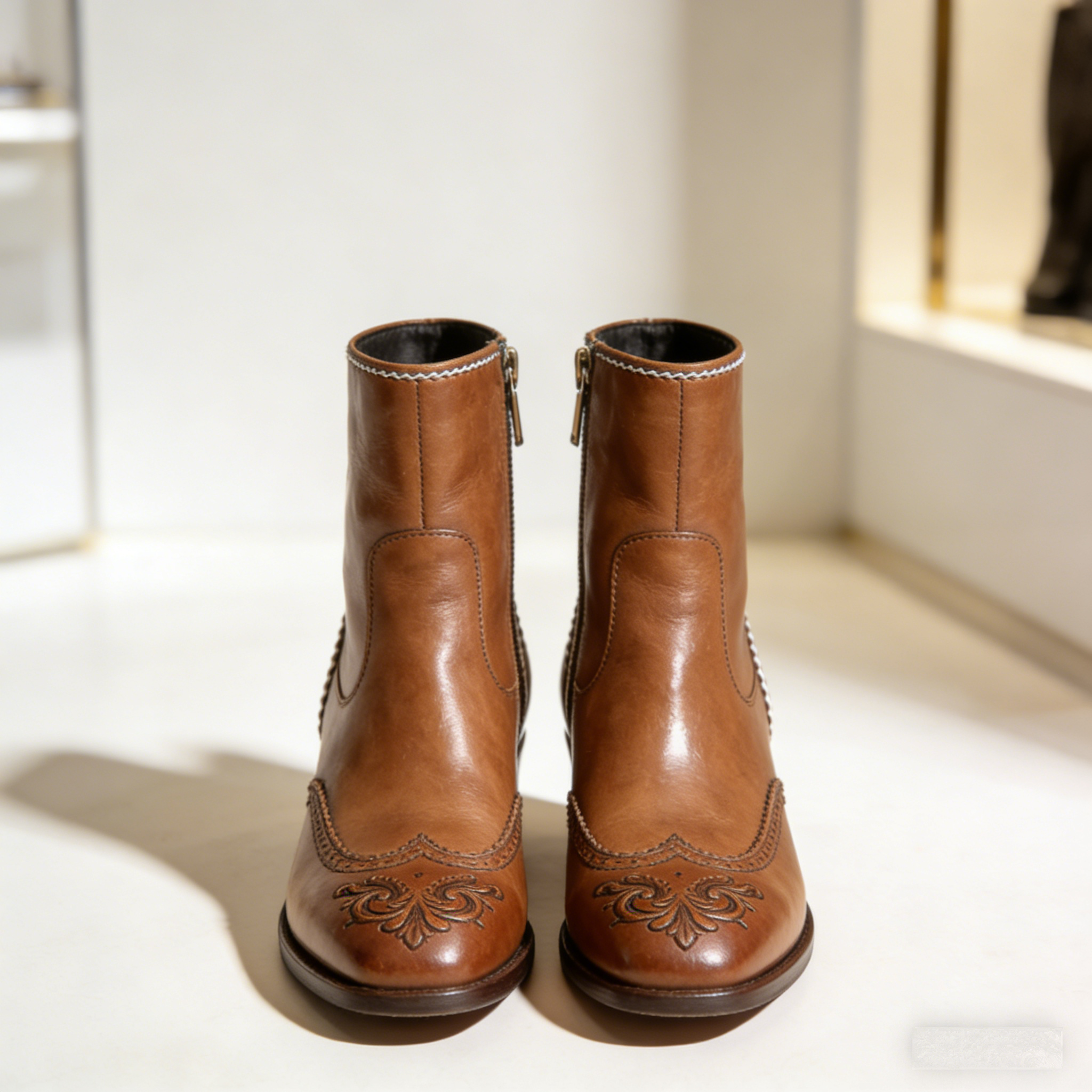 Heritage Emboss: The Cognac Leather Ankle Booties