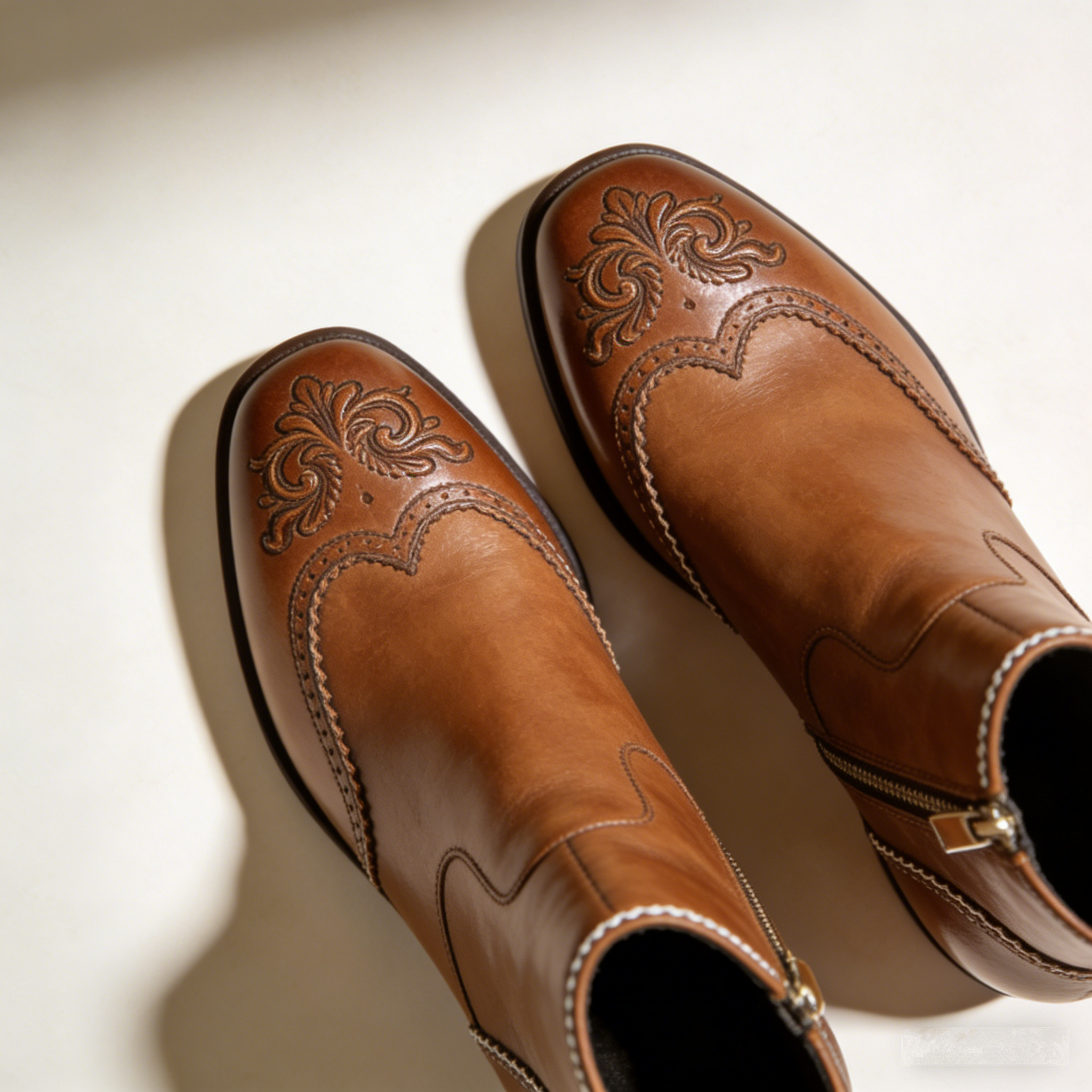 Heritage Emboss: The Cognac Leather Ankle Booties