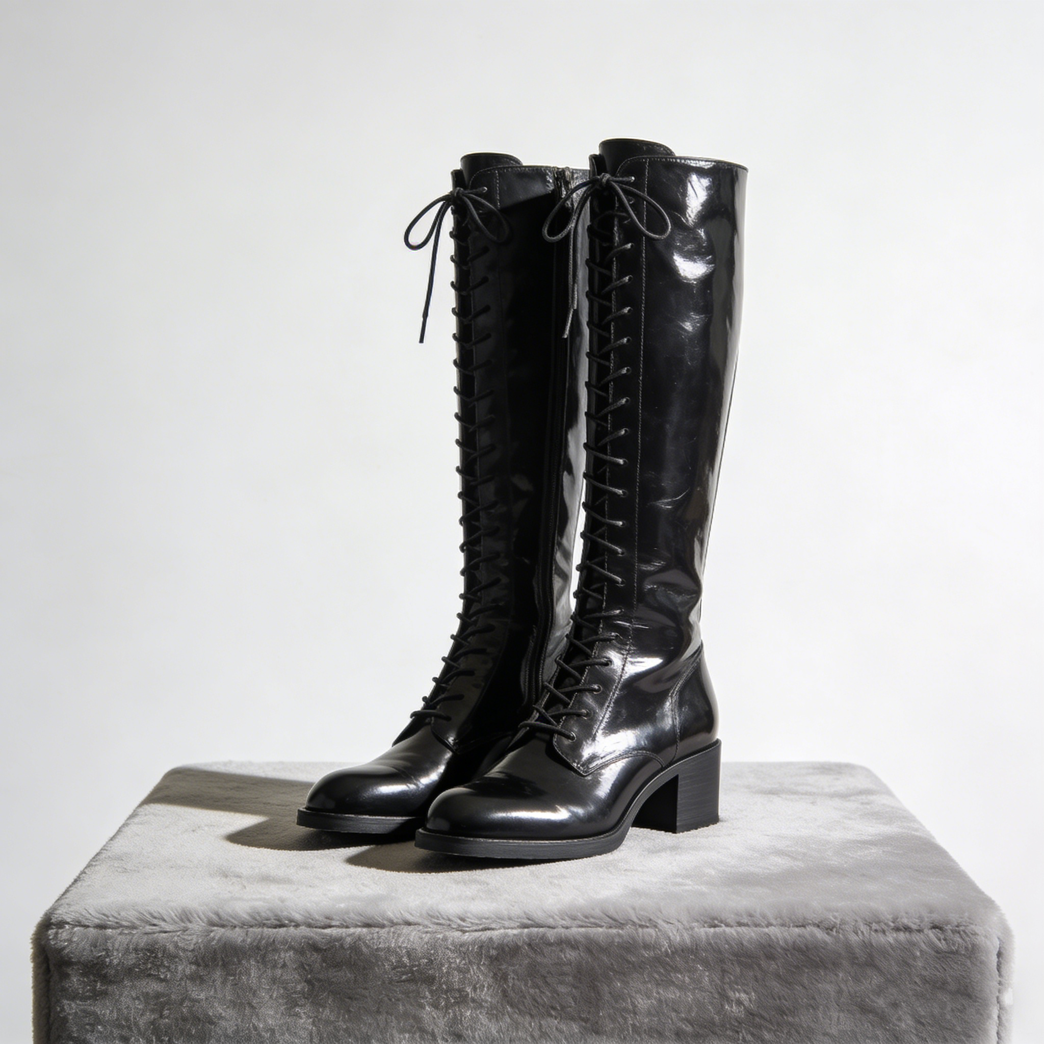 NoirLace Knee-High: The Patent Leather Lace-Up Block Heel Boots