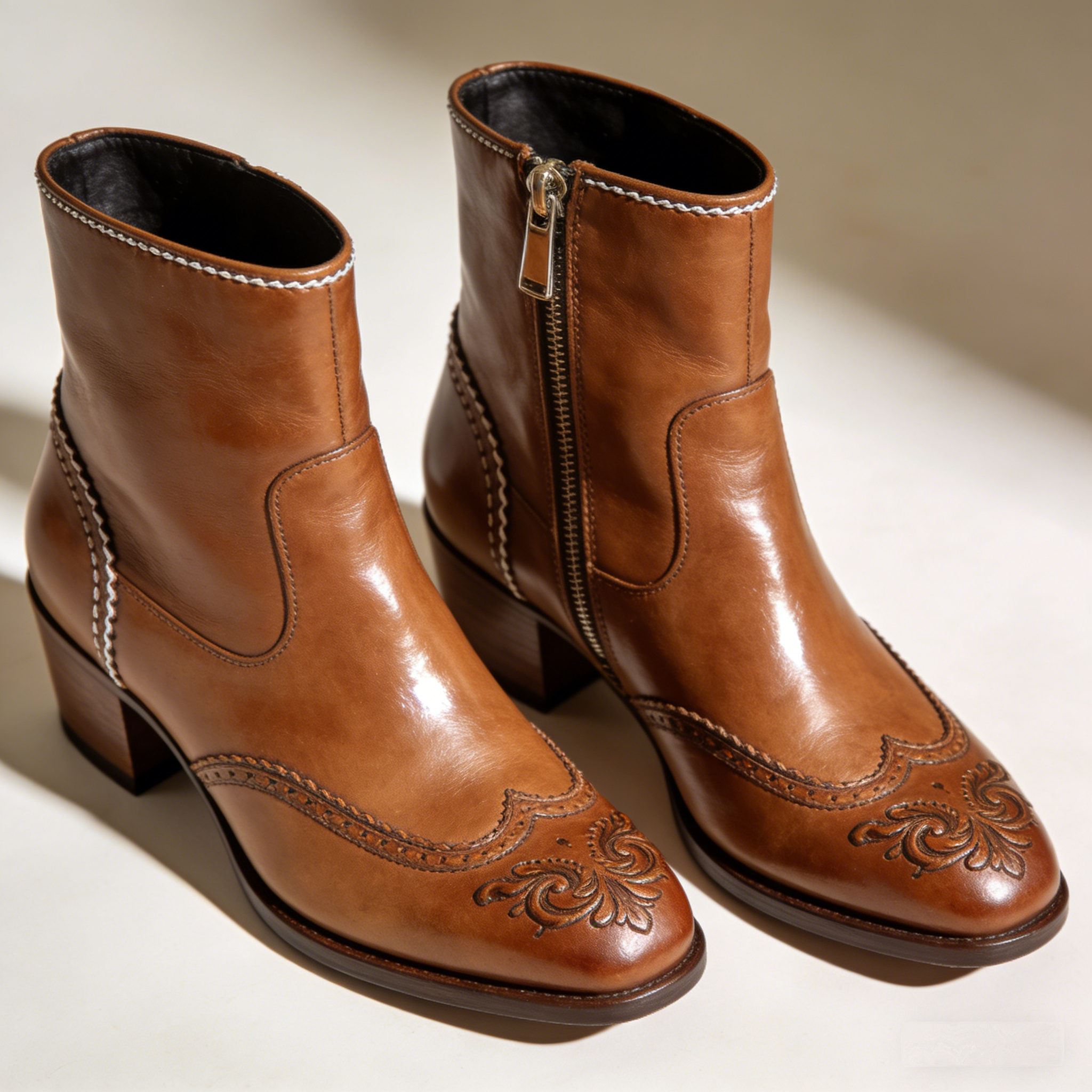 Heritage Emboss: The Cognac Leather Ankle Booties